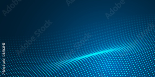 Abstract blue light wave dot surface pattern on dark background. © Suppachok N