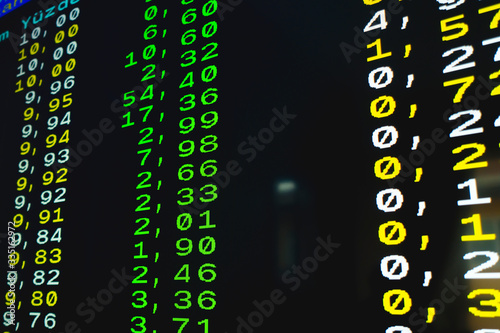 Closeup shot of teletext showing raises in stock values in the stock market