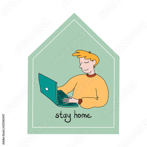 Man works from home. Pandemic of coronavirus and social distancing, self quarantine concept.Adults staying home in self isolation to reduce risk of spreading the corona.