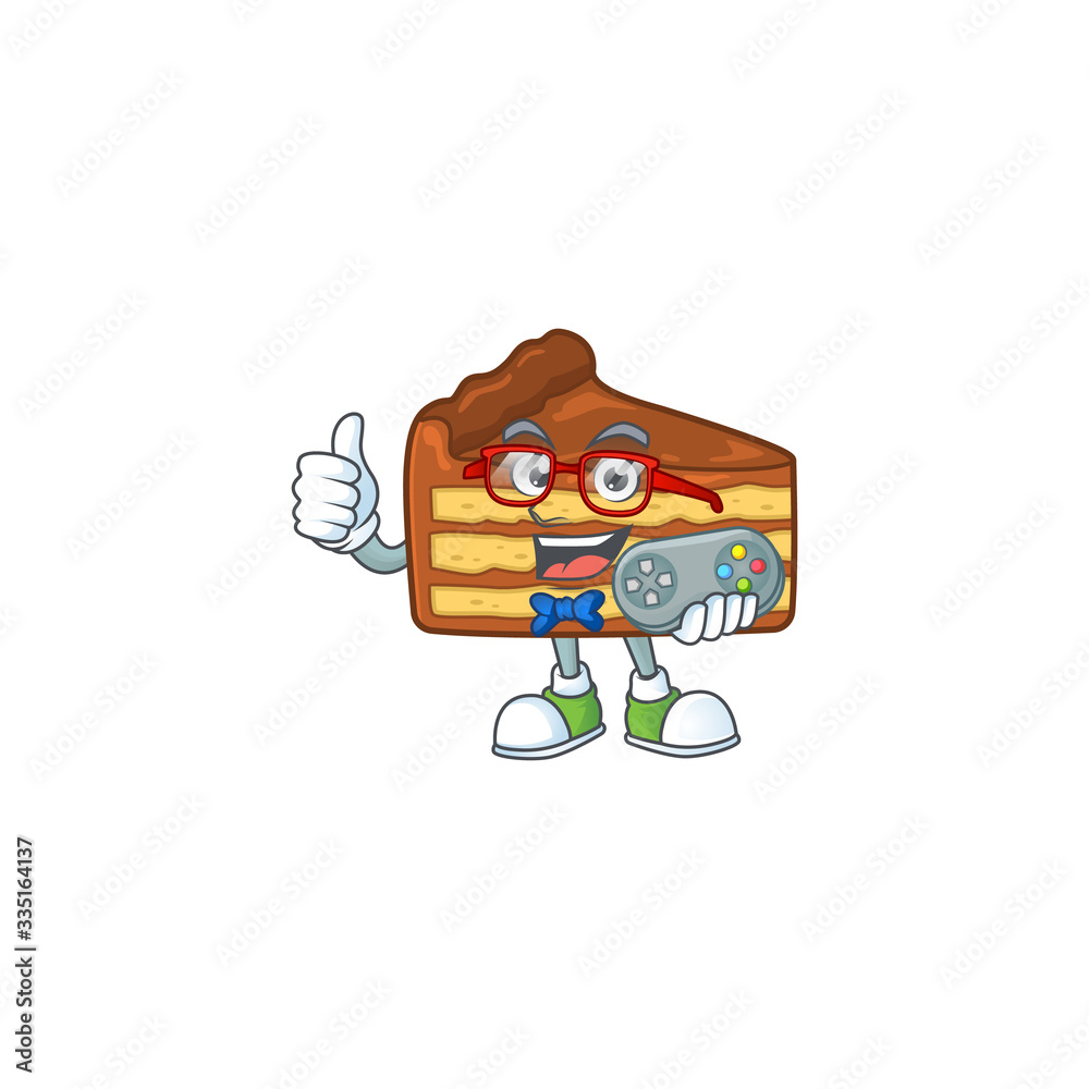Chocolate slice cake talented gamer mascot design play game with controller