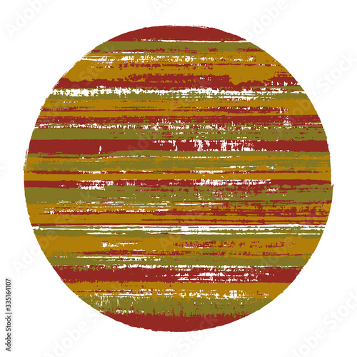 Abrupt circle vector geometric shape with striped texture of ink horizontal lines. Old paint texture disk. Emblem round shape logotype circle with grunge background of stripes.