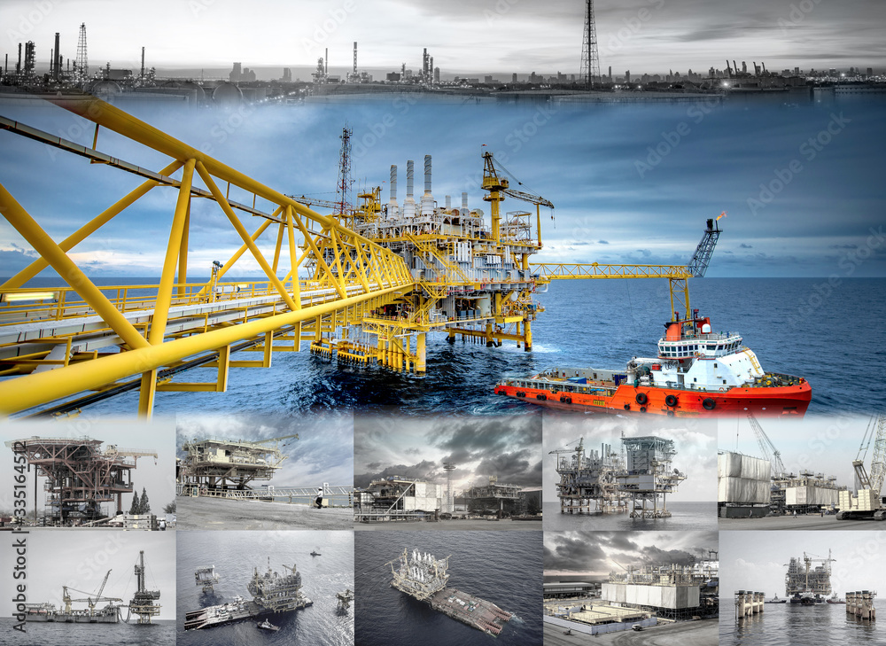 Industry concept image. manufacturing of oil and gas rig and installation Offshore. Resource exploration or oil field very important for a global fuel energy industrial.