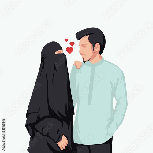 illustration of a Muslim couple in love. niqab woman illustration falling in love with husband