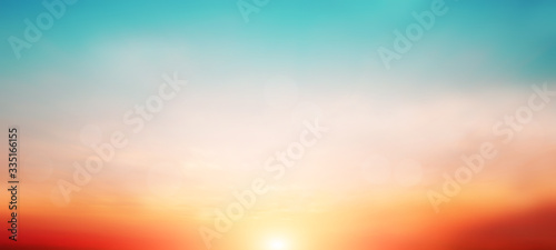 Blur pastels gradient sunset background on soft nature sunrise peaceful morning beach outdoor. heavenly mind view at a resort deck touching sunshine, sky summer clouds. photo