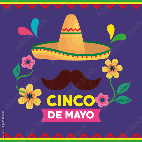 cinco de mayo poster with hat wicker and moustache vector illustration design