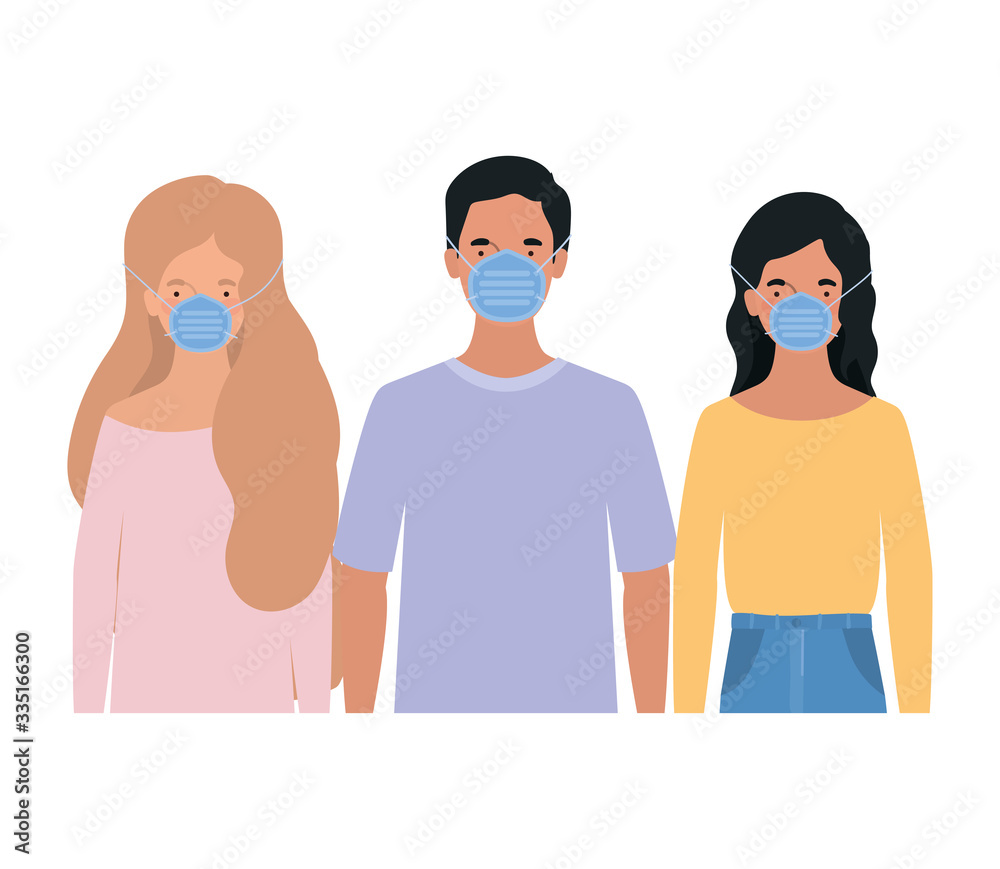 Fototapeta premium Avatar women and man with medical masks vector design