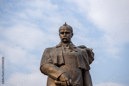 Monument to Taras Shevchenko with a dove on his head