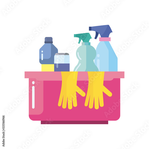 gloves detergent bottles and sprays inside bucket flat style icon vector design