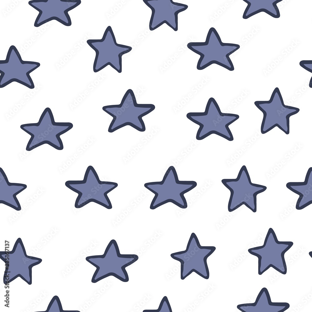 Obraz premium Hand drawn stars seamless pattern on white background. Chaotic elements. Design for fabric, textile print, wrapping paper, childish textiles. Doodle vector illustration.