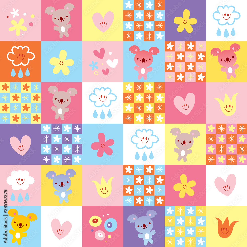 pattern with koala bears clouds and flowers
