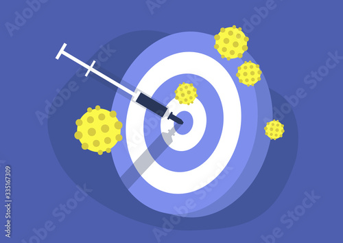 Coronavirus vaccination, dart game, a syringe used as an arrow