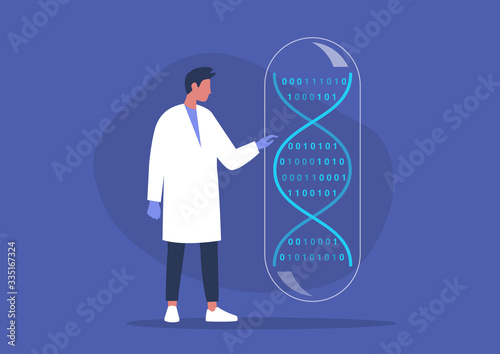 DNA code, biotech startup, scientific big data, young male researcher working in a lab