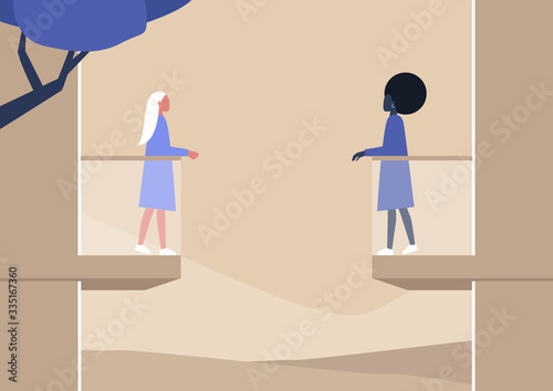 Young female characters standing on the balcony, quarantine concept, stay at home