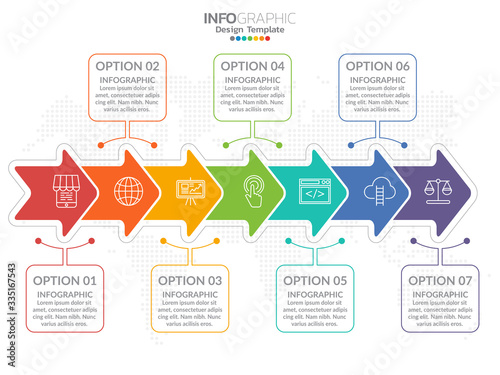 Business 7 step process chart infographics with step circles.