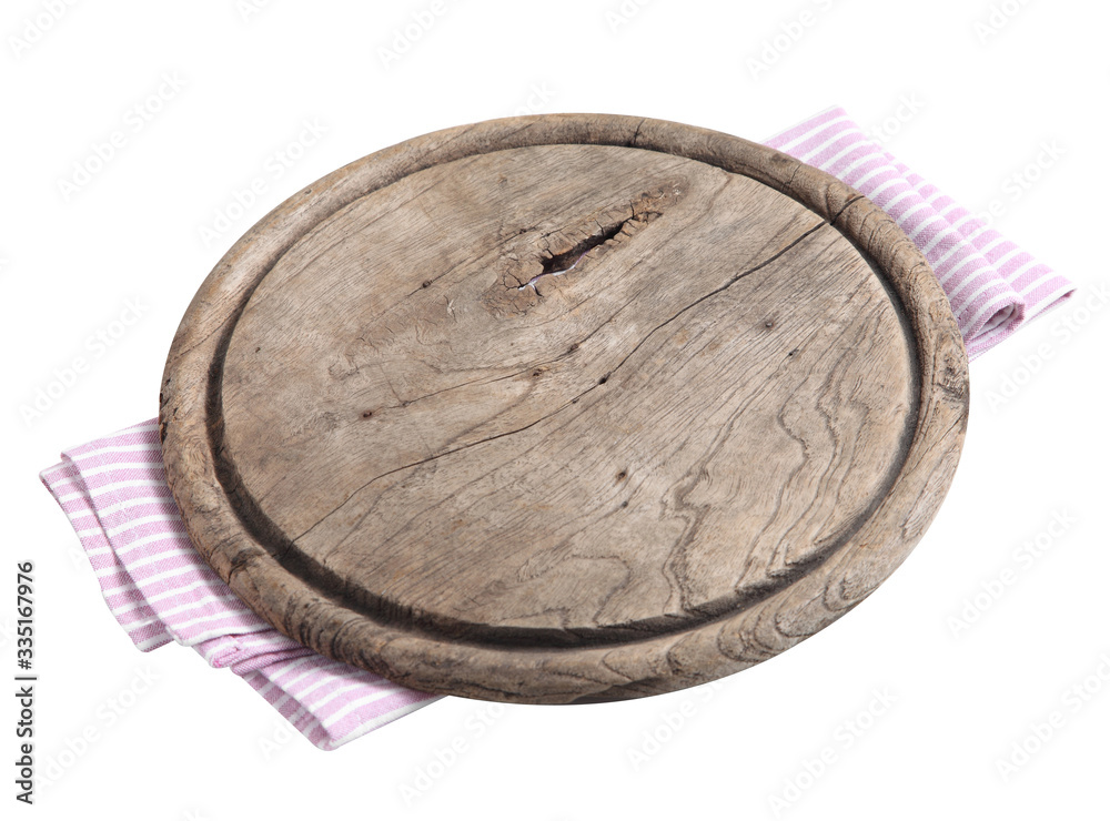 Empty wooden tray and napkin isolated on white background Empty wooden tray and napkin isolated on white background