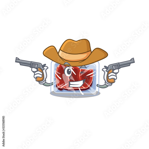 Cute handsome cowboy of frozen beef cartoon character with guns