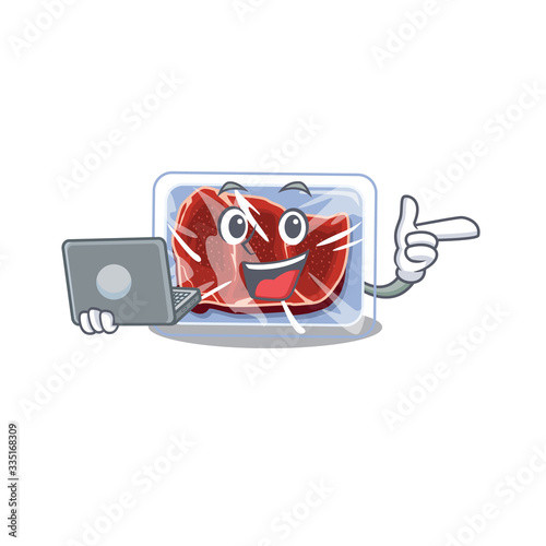 Cartoon character of frozen beef clever student studying with a laptop