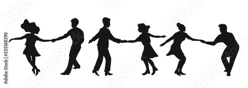 Set of silhouettes couple dancing swing, rock or lindy hop. Retro in flat style hand drawn. Disc cover, social network, dance competition, illustration of dance.Black silhouettes on a white background