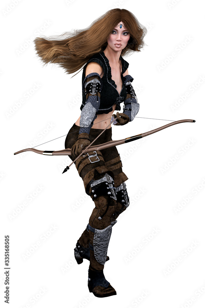 Caucasian Elf Archer Woman with Bow and Arrow on Isolated White Background, 3D illustration, 3D Rendering Caucasian Elf Archer Woman with Bow and Arrow on Isolated White Background, 3D illustration, 3D Rendering