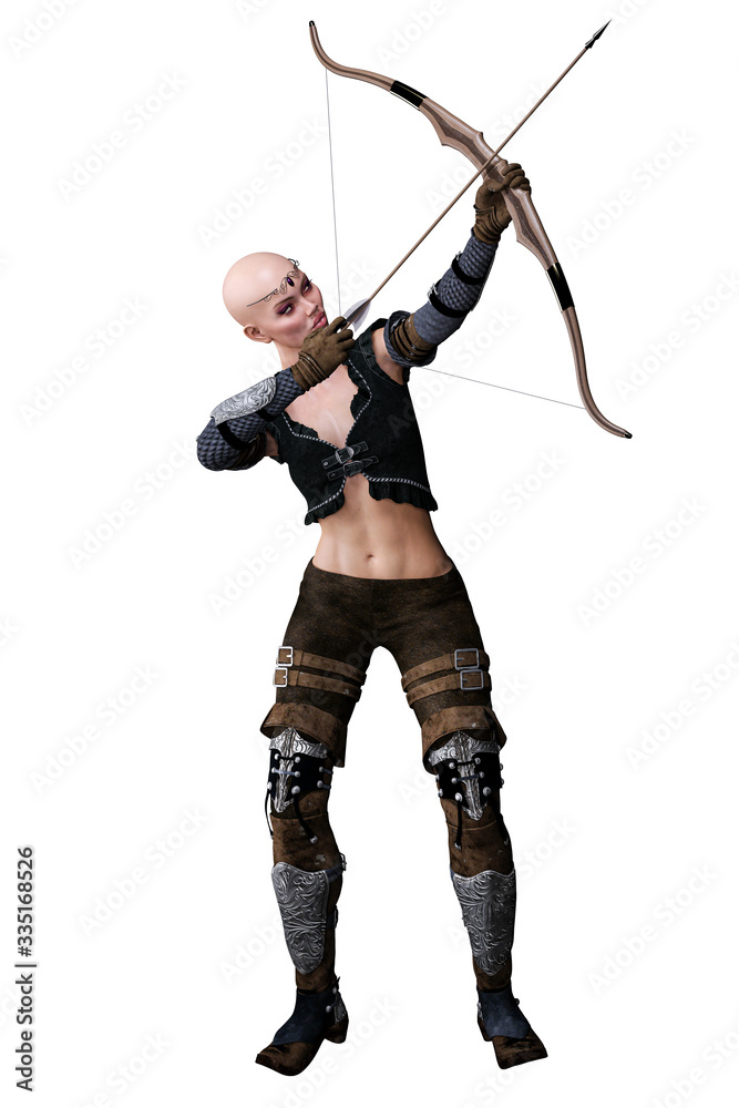Caucasian Elf Archer Woman with Bow and Arrow on Isolated White Background, 3D illustration, 3D Rendering Caucasian Elf Archer Woman with Bow and Arrow on Isolated White Background, 3D illustration, 3D Rendering