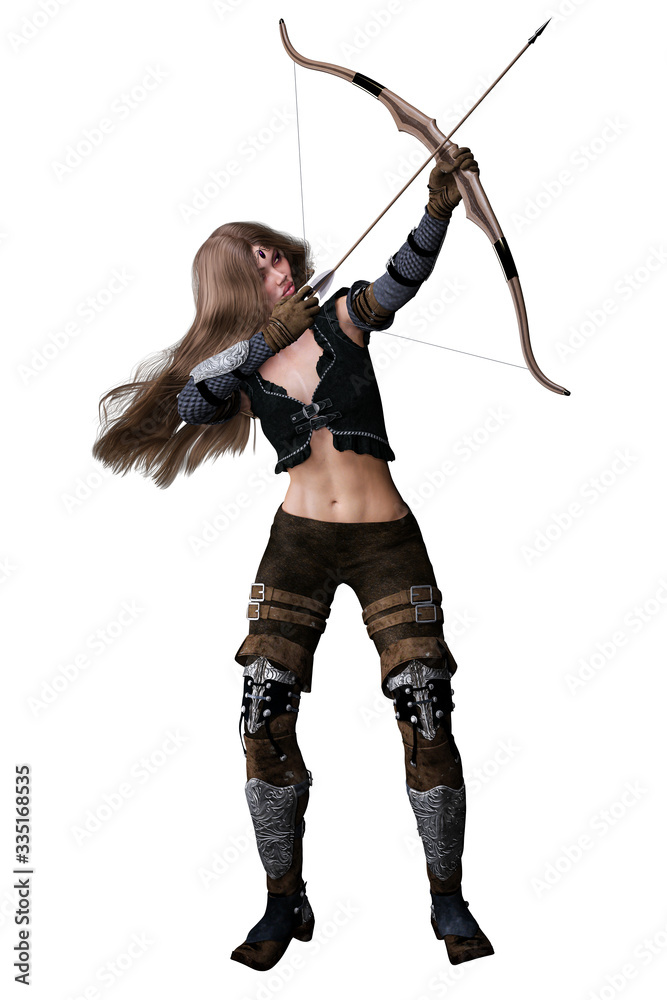 Caucasian Elf Archer Woman with Bow and Arrow on Isolated White Background, 3D illustration, 3D Rendering Caucasian Elf Archer Woman with Bow and Arrow on Isolated White Background, 3D illustration, 3D Rendering