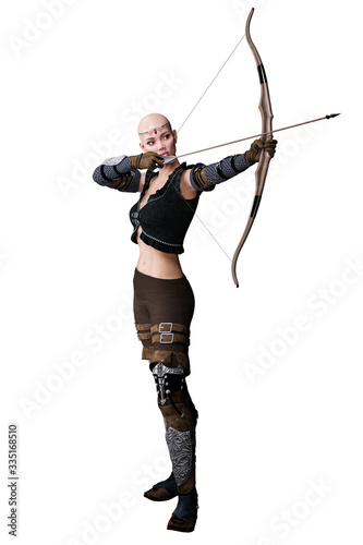 Caucasian Elf Archer Woman with Bow and Arrow on Isolated White Background, 3D illustration, 3D Rendering