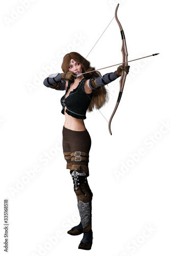 Canvas Print Caucasian Elf Archer Woman with Bow and Arrow on Isolated White Background, 3D i