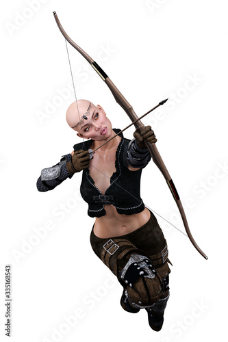 Caucasian Elf Archer Woman with Bow and Arrow on Isolated White Background, 3D illustration, 3D Rendering