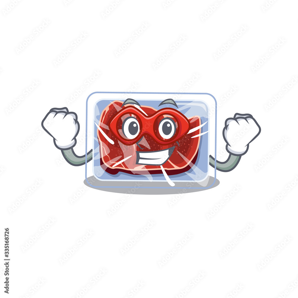 A cartoon character of frozen beef performed as a Super hero A cartoon character of frozen beef performed as a Super hero