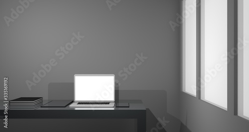 Workspace at home with a minimalist modern setup. Work from home to protect the covid-19 virus. Background 3d rendering