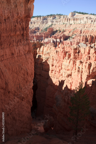 Utah / USA - August 22, 2015: Tourists walking in a pathway in a canyon at Bryce Canyon National Park, Utah, USA.