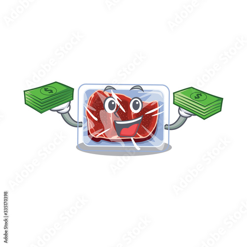 A wealthy frozen beef cartoon character having money on hands