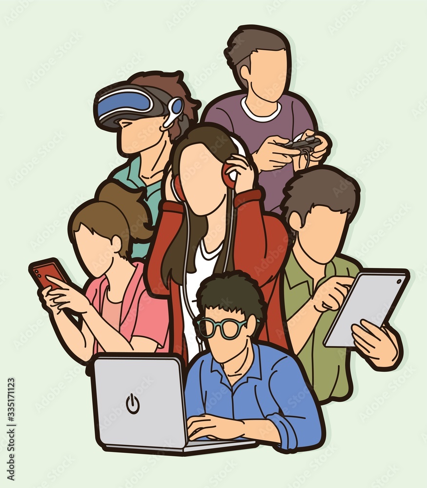 Group of People using digital devices cartoon graphic vector
