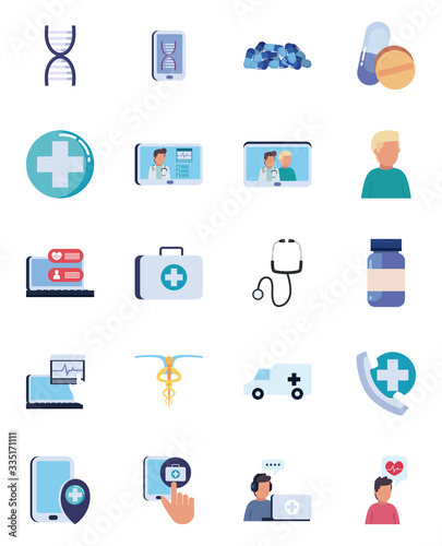Health online and medical care flat style icon set vector design