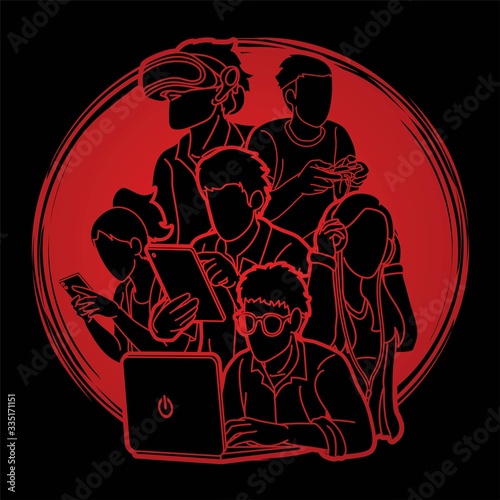 Group of People using digital devices cartoon graphic vector