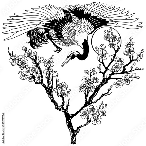 Japanese crane with branch of blooming sakura and sun. Flying bird and cherry tree flowers blossom. Tattoo. Black and white vector illustration