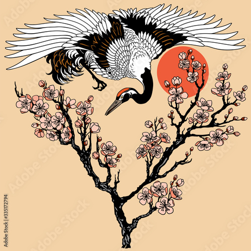 Japanese crane with branch of blooming sakura and red sun. Flying bird and cherry tree flowers blossom. Tattoo. Vector illustration