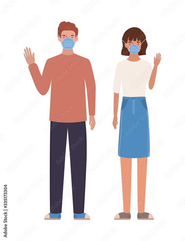 Fototapeta premium Man and woman with medical masks vector design