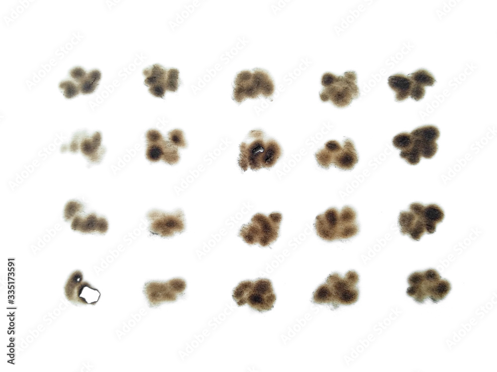 Obraz premium Collection of burnt holes in a piece of paper isolated on white background. Fire holes in white paper.