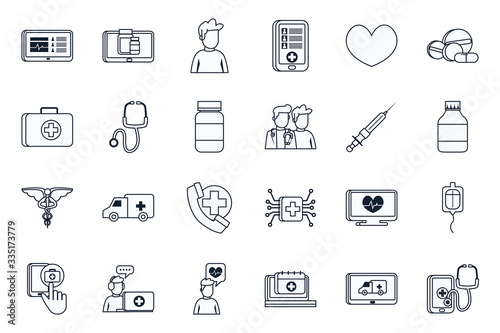 Health online and medical care line style icon set vector design