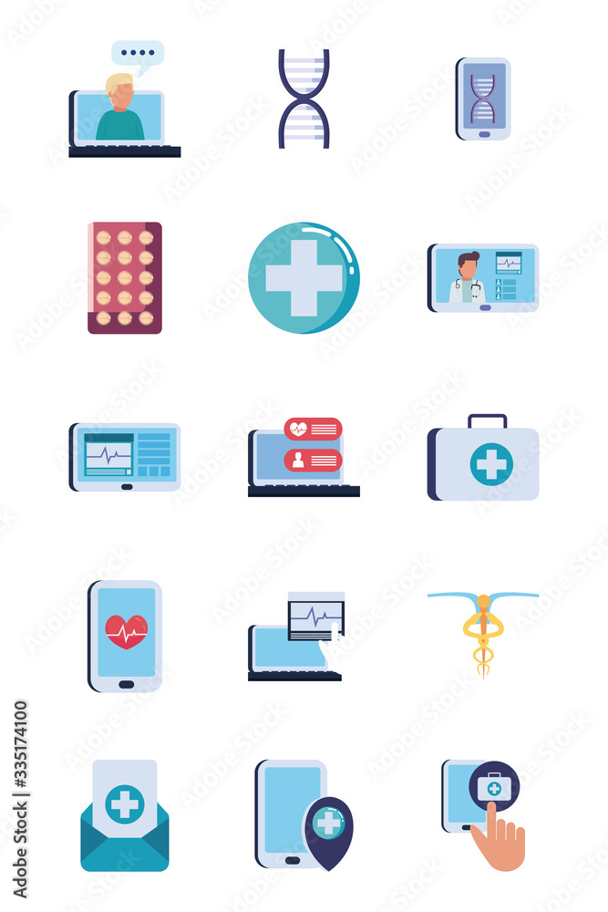 Health online and medical care flat style icon set vector design Health online and medical care flat style icon set vector design
