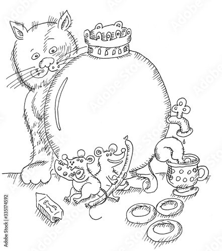 Graphic, drawing, hand drawn, black and white, funny plot, mice drink tea, the cat watch them, the mice did not notice the cat, lunch theme © SOmariia