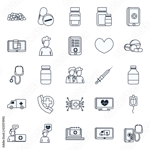 Health online and medical care line style icon set vector design
