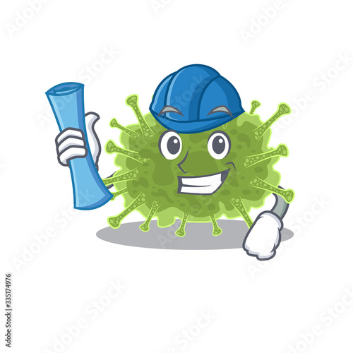 Cartoon character of haploviricotina brainy Architect with blue prints and blue helmet