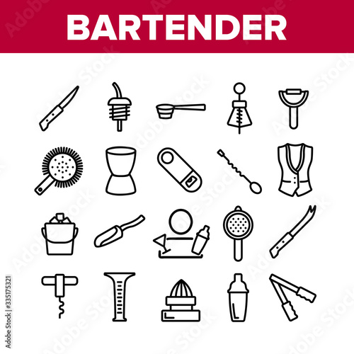 Bartender Equipment Collection Icons Set Vector. Bartender Shaker And Bucket With Ice, Opener And Corkscrew, Juicer And Spoon Concept Linear Pictograms. Monochrome Contour Illustrations