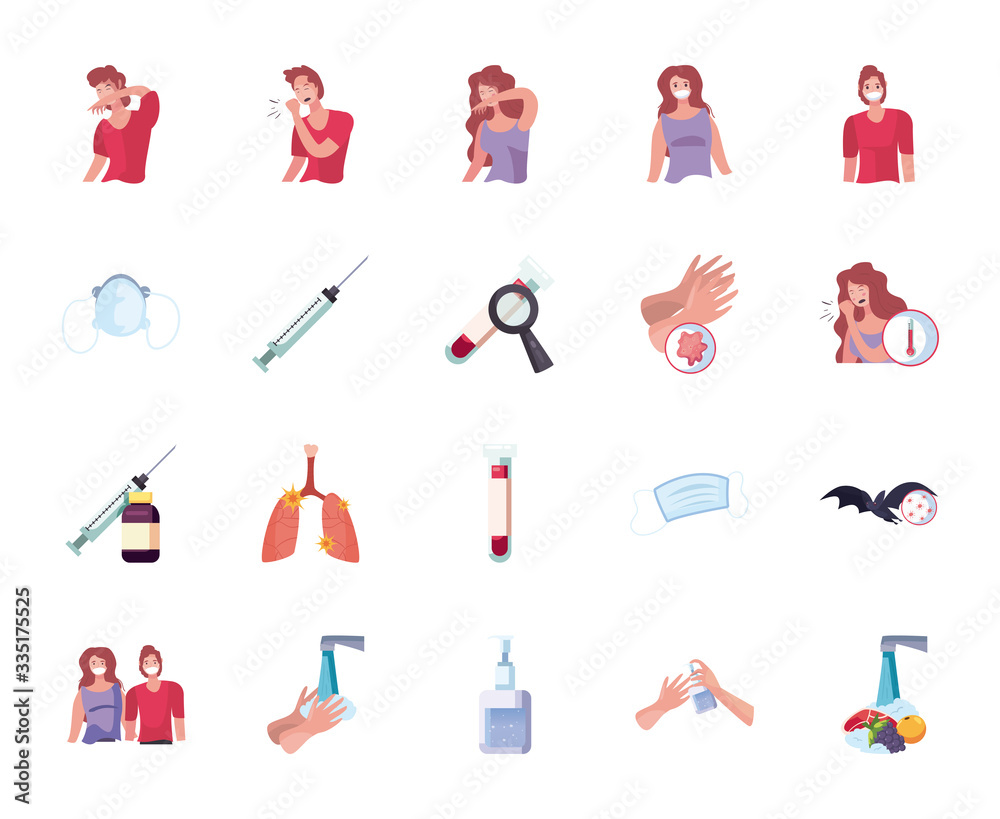 Prevention covid 19 virus flat style icon set vector design Prevention covid 19 virus flat style icon set vector design