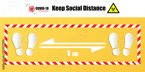 Social Distance 1 meter for prevention of spreading the infection in Covid-19 Outbreak. Vector illustration of 2 people icon with 1 meter distance concept and stop spreading bacteria icon.