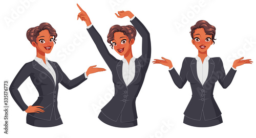 Pretty businesswoman showing, dancing, shrugging. Full size under clipping mask. Set of vector illustrations.