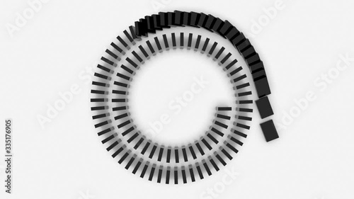 The camera observes from above how black empty domino bones fall in a spiral on a white background.
