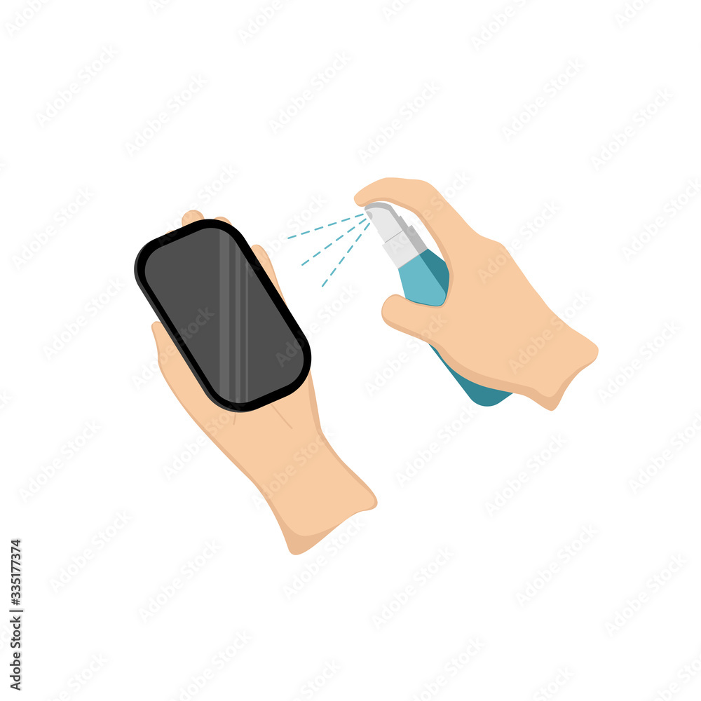 Wiping the smartphone screen clean with an alcohol-based cloth to prevent infection of the covid-19 virus. Flat design vector. Wiping the smartphone screen clean with an alcohol-based cloth to prevent infection of the covid-19 virus. Flat design vector.